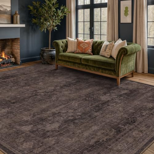 Farmhouse 9x12 Dark Taupe Brown Large Area Rugs for Living Room, Vintage Unique Washable Dark Brown Rug for Bedroom Under Bed with Distressed Geometric Design, Soft Stain Resistant Low Pile Non-Slip - Image 3