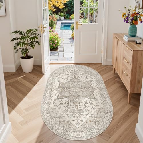 Madane Oval Rug 3x5 for Entryway Kitchen, Small Oval Area Rugs, Beige/Brown by Madane