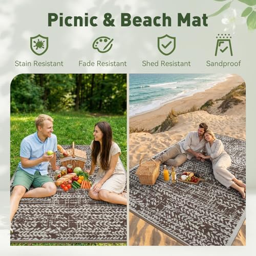 MontVoo Outdoor Rug 8x10 Waterproof-Patio Rug Mat Outdoor RV Camping Picnic Beach Mat Plastic Straw Rugs Outside Outdoor Area Rugs for Balcony Deck Backyard Brown - Image 5