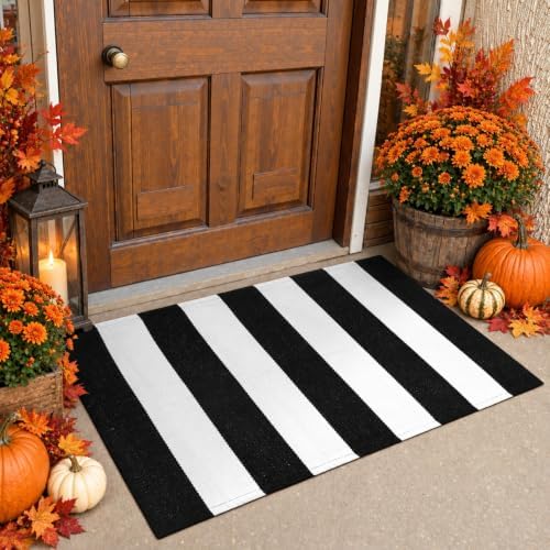 KIMODE Black and White Outdoor Rug Fall Front Door Mat Porch Rug Doormat by Collive