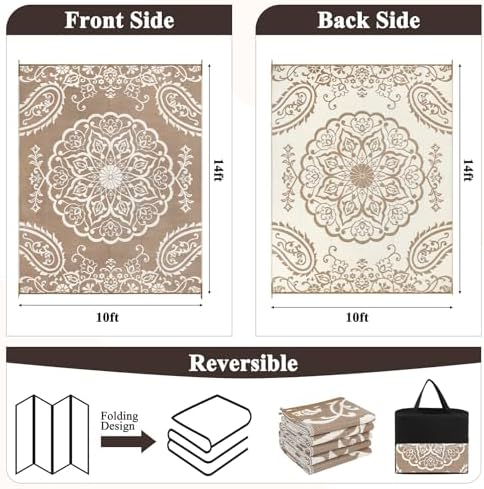 Pauwer Outdoor Rug 10x14, Waterproof Plastic Straw Camping Rug, Boho Brown - Image 2
