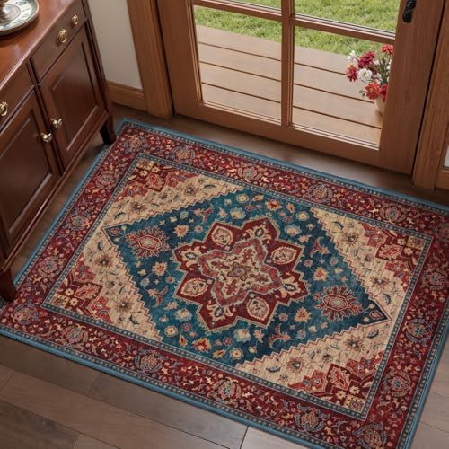 Tangsoo Oriental 2x3 Washable Rugs for Entryway Non Slip Small Rug Red Blue by Tangsoo