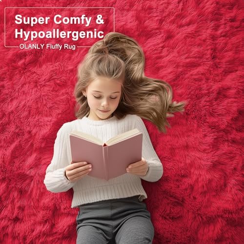 OLANLY 2x6 Machine Washable Runner Rugs for Hallway, Soft Fluffy Shaggy Bedside Rugs for Bedroom, Living Room, Indoor Floor Carpet for Kids Girls and Boys, Nursery Rooms, Home Decor Aesthetic, Red - Image 5