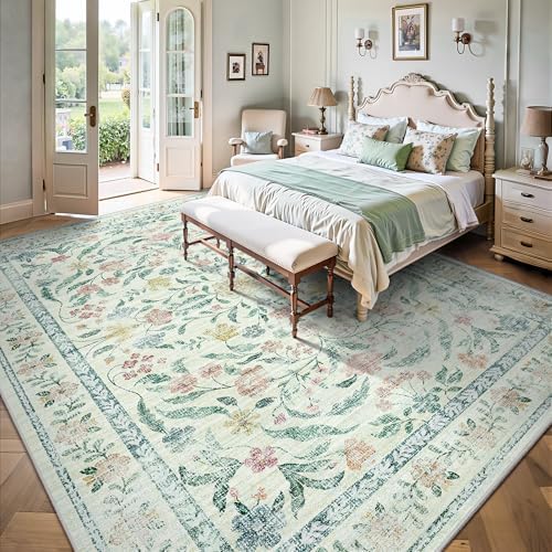 8x10 Area Rugs, Machine Washable Low Pile Floral Rugs for Living Room, Bedroom, Large Boho Area Rug with Non-Slip Backing for Dining Room(Beige Bloom) - Image 3