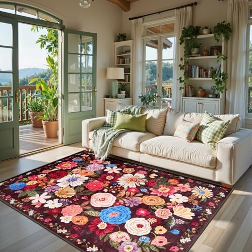 Black Brown Floral Area Rug 4x6 for Bedroom Dining Room by WelcometoBabovid