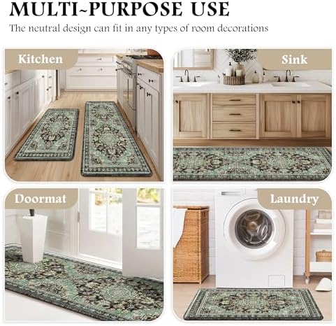Boho Kitchen Mats for Floor 2PC Anti Fatigue Kitchen Rugs, Black Green - Image 6