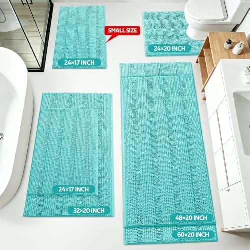 ACCUMTEK Striped Teal Green Bathroom Rug Set 3 Pieces Ultra Soft, Non Slip Chenille Toilet Mat, Absorbent Plush Shaggy Bath Mats for Bathroom, Bedroom, Kitchen, Turquoise - Image 2