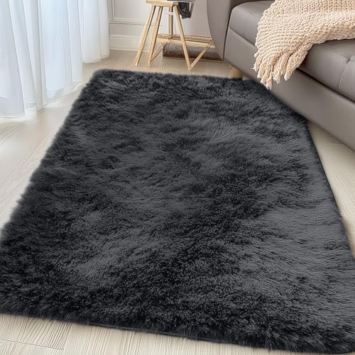 OLANLY 3x5 Machine Washable Small Bedside Rug, Soft Fluffy Shaggy Rugs for Living Room, Bedroom, Indoor Floor Carpet for Kids Girls and Boys, Preppy Dorms, Nursery, Home Decor Aesthetic, Black - Image 3