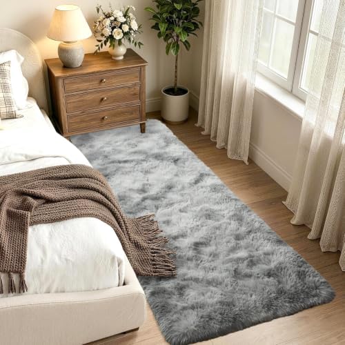 2x6 Tie-dye Grey Fluffy Soft Runner Rug Non-Slip for Bedroom Dorm Hallway - Image 2