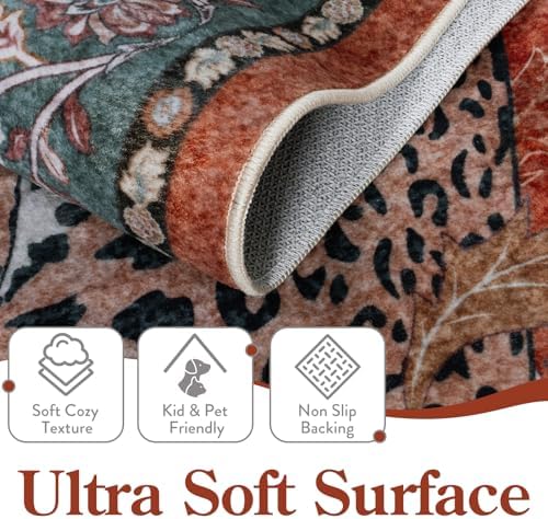 Moynesa Leopard Washable Rugs, 8x10 Area Rugs for Living Room, Soft Large Vintage 8x10 Bedroom Rug, Botanical Non Slip Ultra Thin Floor Carpet for Dining Room Home Office, Rust - Image 3