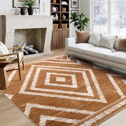 Boho Washable Rugs 5x7ft Non Slip, Low Pile Area Rug for Living Room, Brown Moroccan Bedroom Carpets, Non Shedding Soft Floor Carpet for Dining Room Bathroom Nursery Kitchen Office by Geanlod