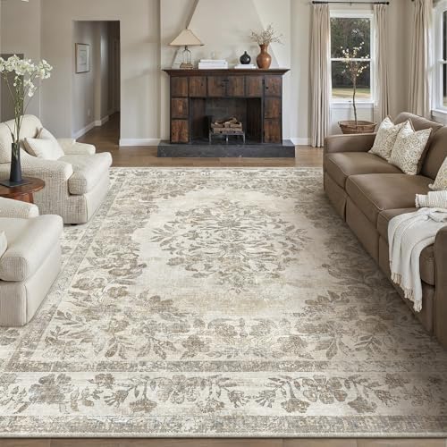 PureCozy 8x10 Washable Area Rug Living Room Cream Beige Vintage Carpet by PureCozy