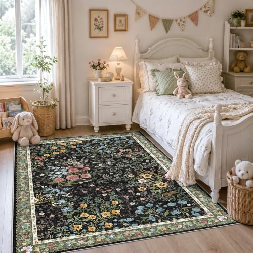 4x6 Washable Entryway Area Rug: Non Slip Floral Washable Entry Rug Living Room Area Rug for Indoor Floor Kitchen Bedroom - Soft Thin Door Mat Carpet Boho Vintage Home Decor (4'x6', Black) - Image 4