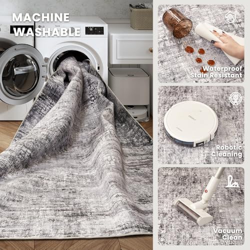 8x10 Black Gray Washable Area Rug for Living Room, Vintage Print - Image 5