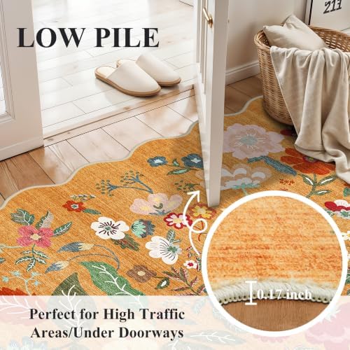 2x3 Washable Area Rug for Entryway: Non Slip Floral Small Runner Rug Orange - Image 3