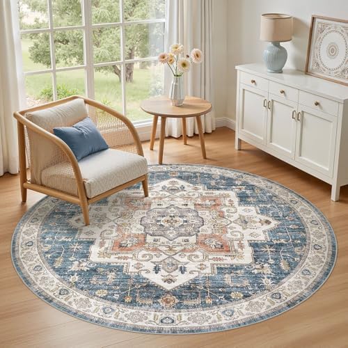 6ft Round Rug: Washable Vintage Blue Area Rugs for Living Room by ZUNTKON