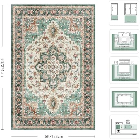 6x9 Area Rugs - Washable Rug Vintage Distress Boho Medallion Rugs for Living Room, Soft Non-Slip Backing Low Pile Carpet for Bedroom Dining Room Office Nursery Dorm Home, Green Brown - Image 2