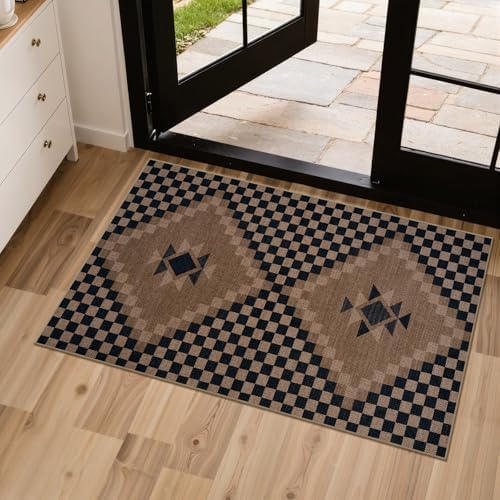 LIVEBOX Easy Jute Checkered Washable Entryway Rug 2x3, Non Slip Ultra Thin Front Door Mat Indoor Entrance, Farmhouse Small Kitchen Rug No Shed Jute Rugs Carpet for Hallway Bedroom Bathroom by LIVEBOX