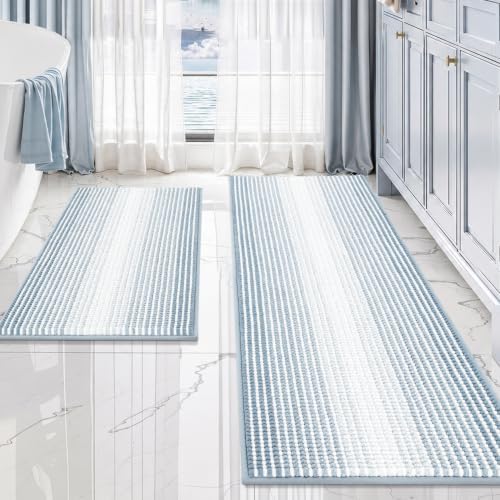 BSICPRO Bathroom Rugs Sets 2 Piece, Non Slip Striped Bath Mats, Ice Blue by BSICPRO