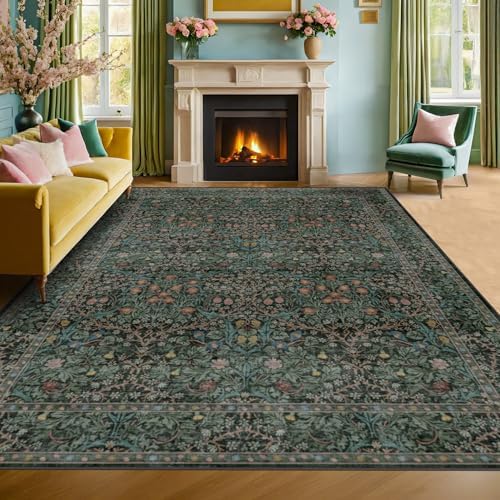 Vintage Washable Dark Green 10x14 Rug for Living Room - Extra Large Area Rug for Dining Room Under Table, Soft Low Pile Carpet for Bedroom - Vintage Floral Design Non-Slip (10x14 Dark Green) by HazoHaus