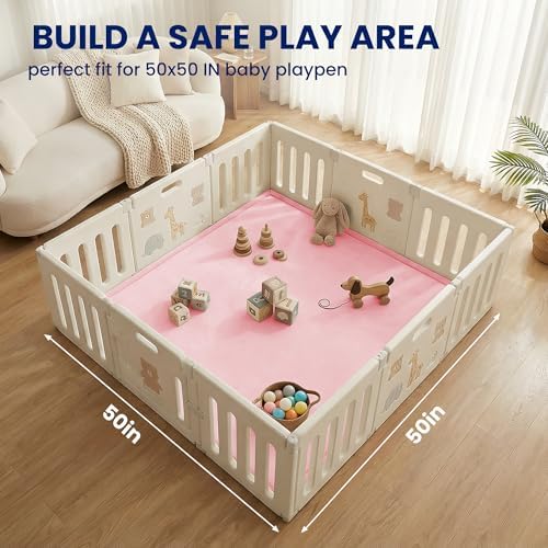 Huloo Sleep Baby Play Mat for Floor,1.3" Thick Elasti-Foam 50x50 Playpen Mat for Toddlers Infant Kids,Water-Repellent Soft Coral Velvet Tummy Time Mats,Non Slip Crawling Mats,Tatami Style(Pink) - Image 5