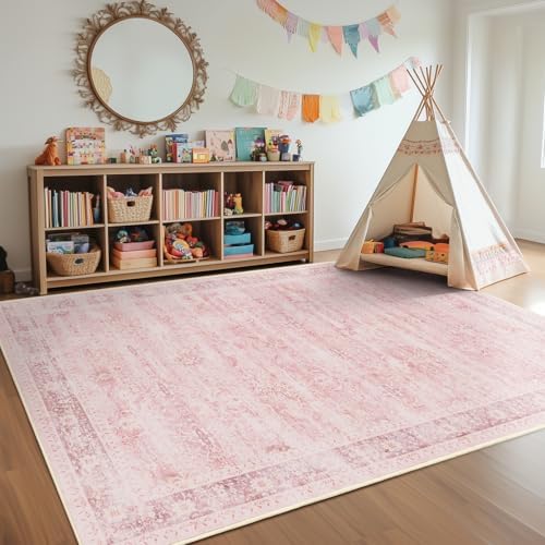 Large Pink Living Room Rug 9x12, Aesthetic Distressed Area Rugs for Bedroom Girls Playroom, Washable Non Slip Nursery Rug Stain Resistant, Low Pile Thin Carpet Rug for Dining Room Home Office - Image 4