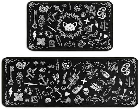 Gothic Rug Set of 2, 17x30+17x47inch, Kitchen Mat with Rubber Backing, Non-Slip, Washable, Black by Twyt+decor