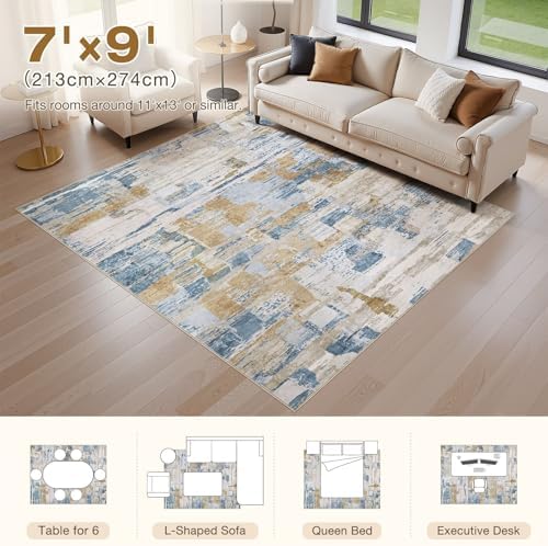 kakania Abstract 7x9 Area Rugs for Living Room: Washable Rugs Blue Gold - Image 2