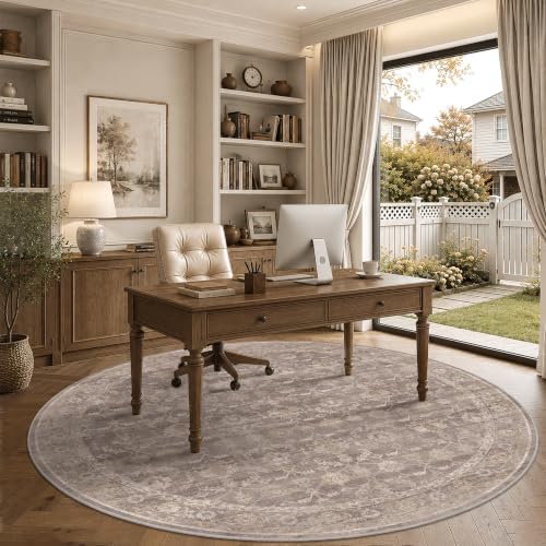 Living Room Washable 6ft Round Rug Soft Boho Throw Carpet Taupe Wheat - Image 2