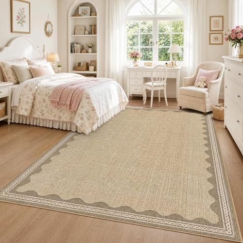 GarveeHome Scalloped Washable Area Rug 6x9 Rugs for Living Room Soft Low-Pile Solid Tan Jute Digital Printing Thin Carpet for Bedroom Dining Nursery Non Slip Mat with Rubber - Image 4