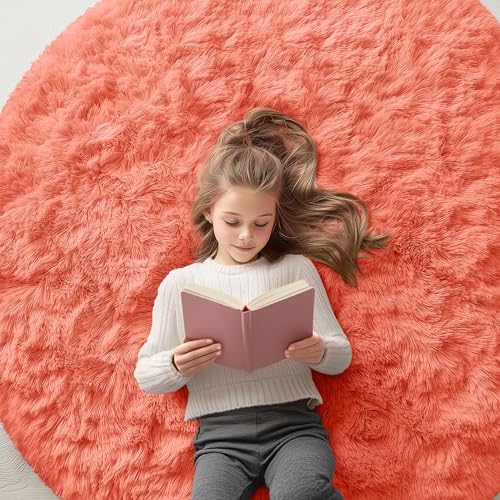 OLANLY Coral Red Round Rugs for Bedroom - Machine Washable, 5 ft Circle Area Rugs for Living Room, Soft and Fluffy Shaggy Carpet for Teen Girl and Boys, Nursery Rooms, Dorms, Home Decor Aesthetic by OLANLY
