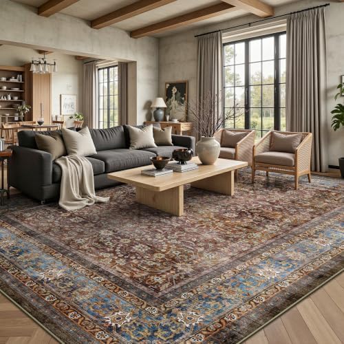 9x12 Area Rugs for Living Room - Washable Vintage Retro Large Rug, Soft Ultra Thin Non Slip Low Pile Traditional Distressed Boho Carpet for Bedroom Dining Room Home Office, Dark Red Brown - Image 3
