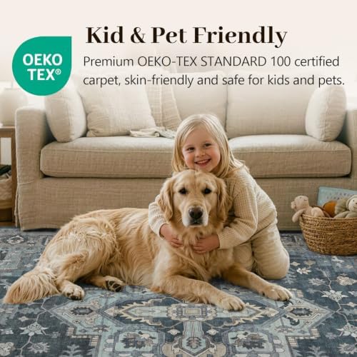 9x12 Ft Extra Large Area Rugs for Living Room, Soft Non-Slip Machine Washable Rug, Vintage Stain Resistant Carpets for Bedroom Nursery Dining Room Home Decor (Blue) - Image 5