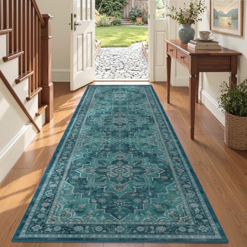 Washable Hallway Runner Rug 3'x8', Vintage Medallion, Boho Teal by Jainmy