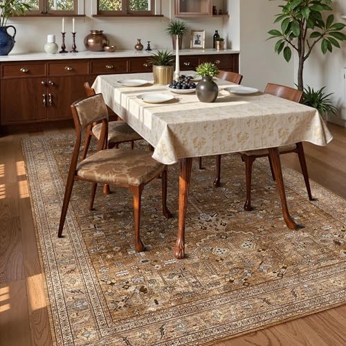 Washable Area Rug 4' x 6' Vintage Traditional Persian Mat - Foldable Distressed Non-Slip Machine Washable Carpet for Living Room Bedroom Kitchen Home Decor - Bronze and Ivory - Image 3