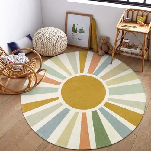 STARUIA Boho Sun Round Area Rug for Living Room, 6 Ft Washable Nursery Rug for Playroom, Colorful Circle Rugs for Kids Bedroom, Non-Slip Circluar Carpet Soft Large Kid Rug for Classroom Dorm by STARUIA
