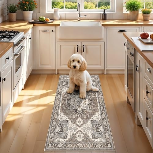 RUUGME Entryway 2x4 Runner Rug: Washable Vintage Rugs Low Pile Lightweight Stain Resistant Carpet for Kitchen Bedroom Non-Slip Soft Thin Floor Mat for Bathroom Laundry Room (Beige,2x4) - Image 3