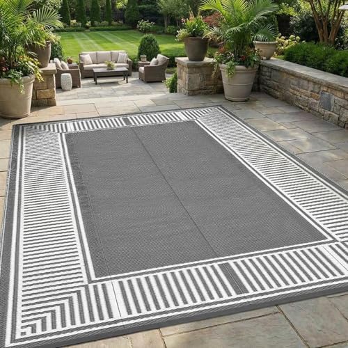 GAOMON Large Outdoor Camping Rug 9x18 Modern Bordered Reversible Outdoor Carpet, Foldable Retro Plastic Straw Rug, Portable Outside Patio Rugs Floor Mat for Porch, Beach, Balcony, Backyard,Border-Grey by GaoMon
