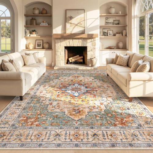 Area Rug 8x10 Vintage Rug: Large Washable Indoor Medallion Rugs Low Pile Distressed Floor Carpet Retro Accent Rug for Living Room Bedroom Kitchen Dining Table Home Office(Green/Yellow, 8'x10') by ZomfyRugs