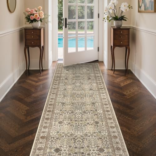 Bavni 2'6" x 7' Kitchen Runner Rug, Washable Non Slip, Cream Brown - Image 3
