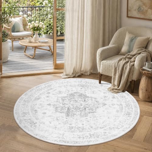 4ft Round Washable Office Rug Non-Slip Medallion Gray Throw Carpet - Image 4