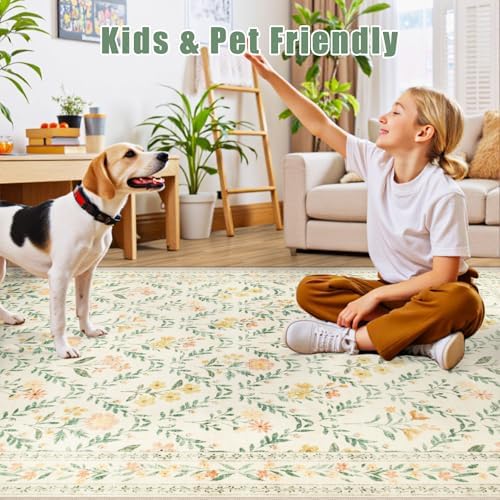 PLHXFR 8x10 Area Rug Living Room: Floral Washable Boho Carpet Beige Multi - Image 7