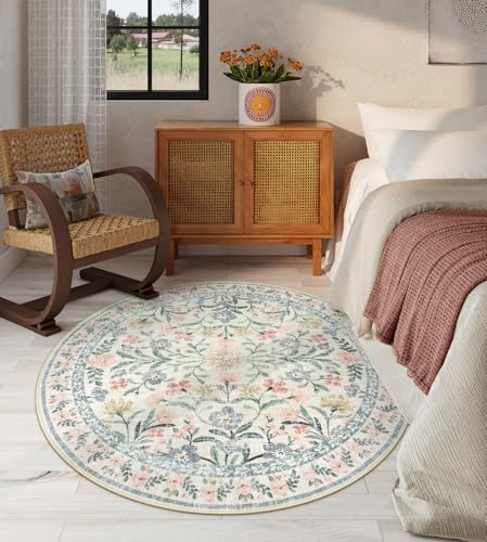 Lahome Sylvie Round Boho Floral Rugs 4ft, Cream Washable Circle Rugs for Bedroom Nursery, Vintage Beige Circular Carpet, Soft Non-Slip Carpet for Kids Room Playroom Calm Corner, Beige - Image 3