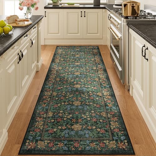 DUKINO 2x6 Runner Rug, Washable Vintage Floral Kitchen Rug, Green - Image 3