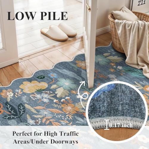 Washable Rug 2x3 for Entryway: Floral Scalloped Bathroom Rug Blue - Image 5
