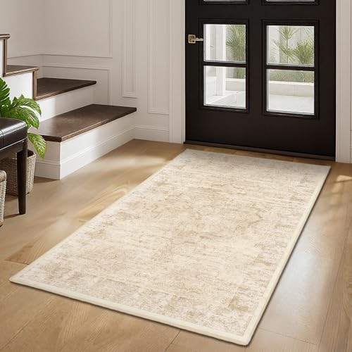 Beige 4x6 Throw Rugs for Entryway, Washable Neutral Rug with Rubber Backing for Living Room Bedroom, Vintage Medallion Distressed Area Rug for Kitchen/Bathroom/Dorm/Home Office by Jainmy