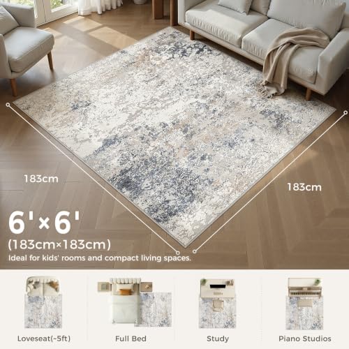 DMOYEST Square Area Rug Living Room Rugs - 6x6 Washable Large Soft Indoor Neutral Modern Abstract Low Pile Rug Carpet for Bedroom Dining Room Farmhouse Home Office - Beige Blue - Image 2