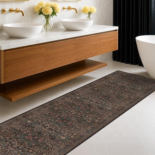 Dark Brown Washable 2x8 Runners for Bathroom, Entryway Indoor Low Pile Rug, 8ft Long Non Slip Hallway Runner Rug, Boho Vintage Floor Décor for High Traffic Area by HazoHaus
