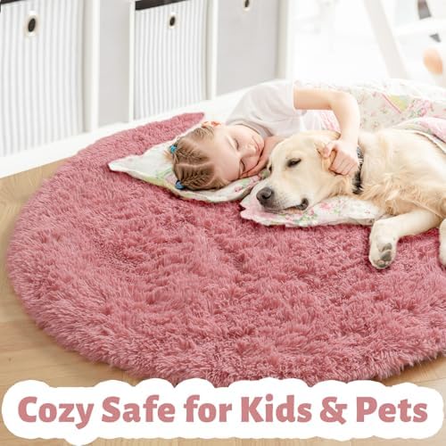 Amdrebio Blush Pink Big Round Fluffy Rug 7Ft for Living Room Girls Bedroom - Image 3