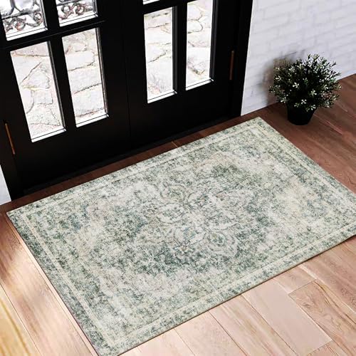 CHAMPLANT Washable Area Rug 2'x3' Door Mat Vintage Distressed Doormat Indoor Entrance Traditional Thin Rug Floral Print Non Slip Carpet for Kitchen Bathroom Bedroom Living Room by CHAMPLANT